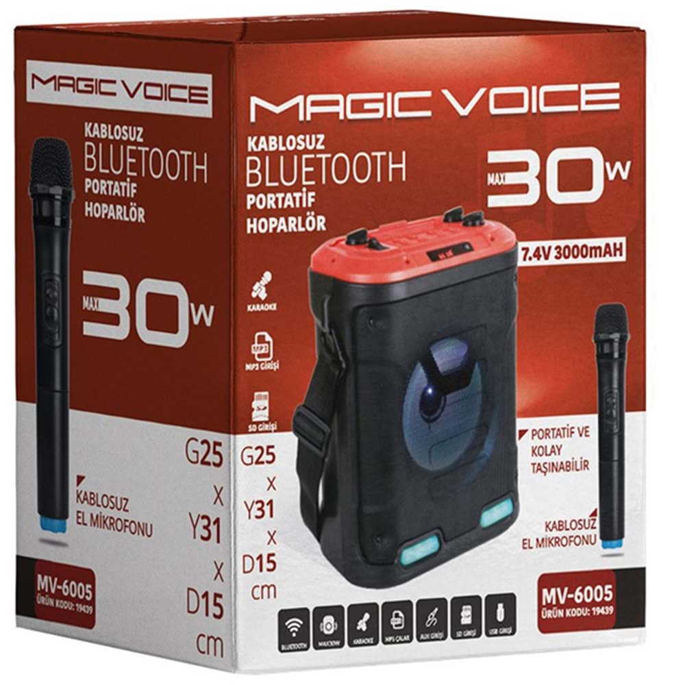 Magicvoice MV-6005 VHF El Mikrofonlu USB-SD-Bluetooth Işıklı 30 W Taşınabilir Şarjlı Seyyar Anfi
