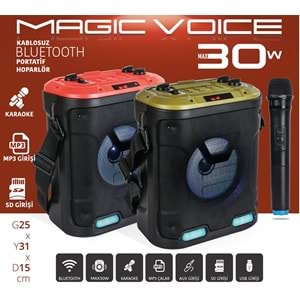 Magicvoice MV-6005 VHF El Mikrofonlu USB-SD-Bluetooth Işıklı 30 W Taşınabilir Şarjlı Seyyar Anfi