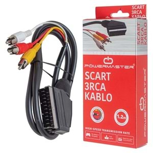 SCART TO 3 RCA KABLO 1.2 METRE 7 MM SİYAH * SCART TOS KABLO KUTULU POWERMASTER