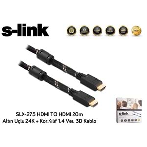 S-link SLX-275 HDMI TO HDMI 20m Altın Uçlu 24K + Kor.Kılıf 1.4 Ver. 3D Kablo