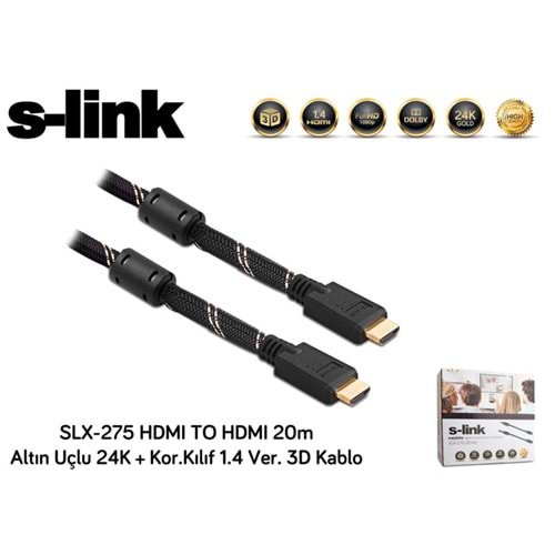 S-link SLX-275 HDMI TO HDMI 20m Altın Uçlu 24K + Kor.Kılıf 1.4 Ver. 3D Kablo