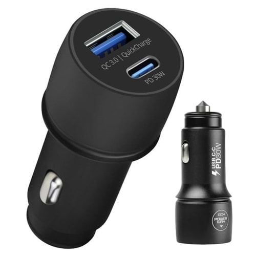 POWERWAY CC34 30W PD + QC 3.0 ÇIFT ÇIKISLI METAL ARAÇ ÇAKMAKLIK HIZLI SARJ ALETI CIHAZI